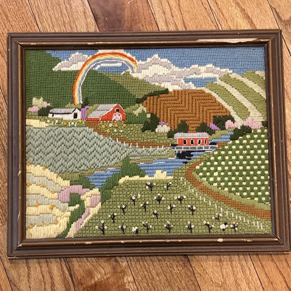 Vintage Hand Made Needlepoint Farm Scene Art Grandma Core Cottagecore Colorful